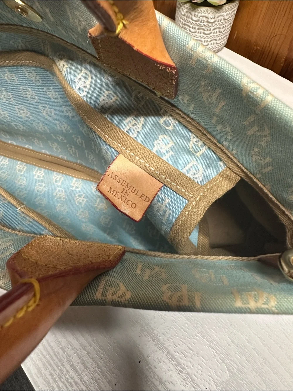 Dooney & Bourke Light Blue Monogram Drawstring Tote with Tan Trim